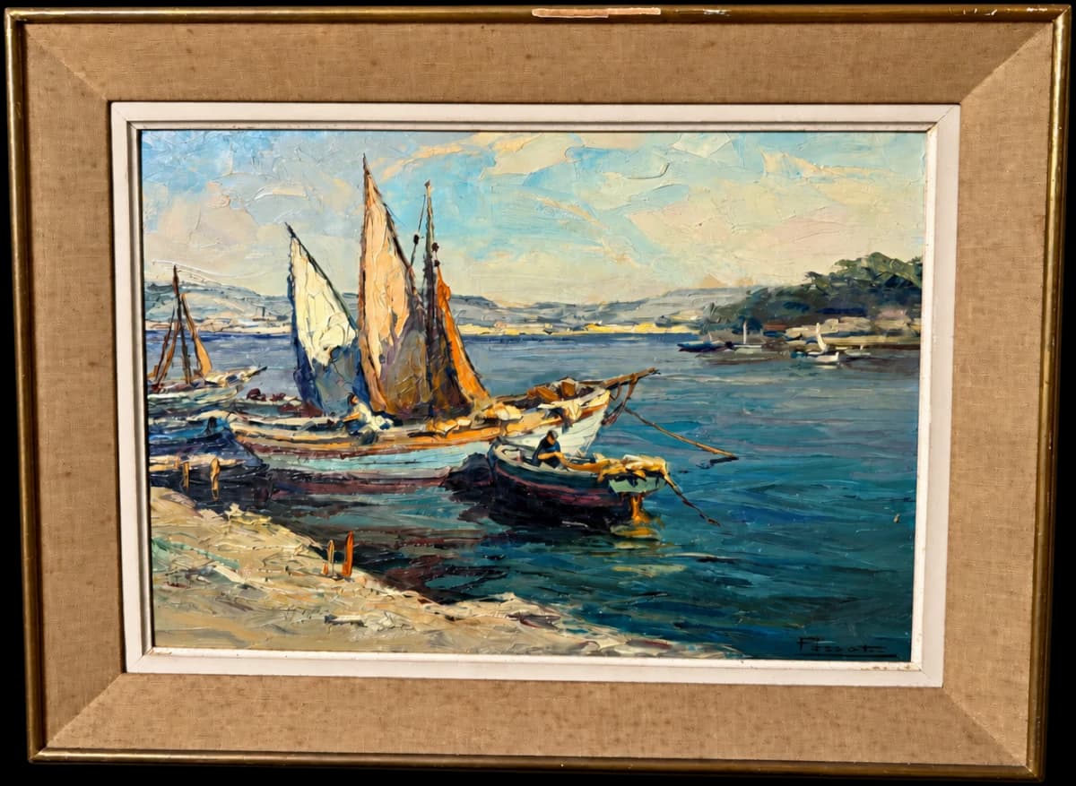 Seascape with sailing boats in blue and ochre tones, in its original wide frame