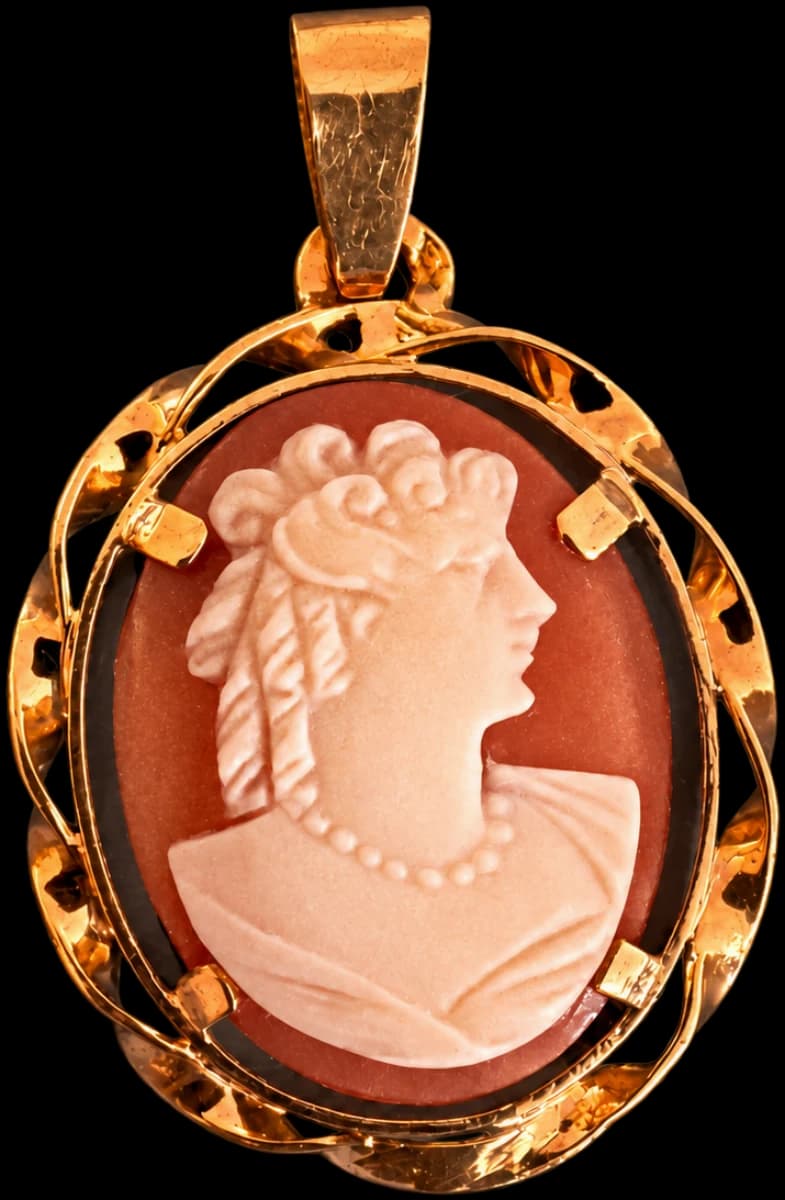 Pendentif ovale en or, camée à profil féminin et monture ajourée