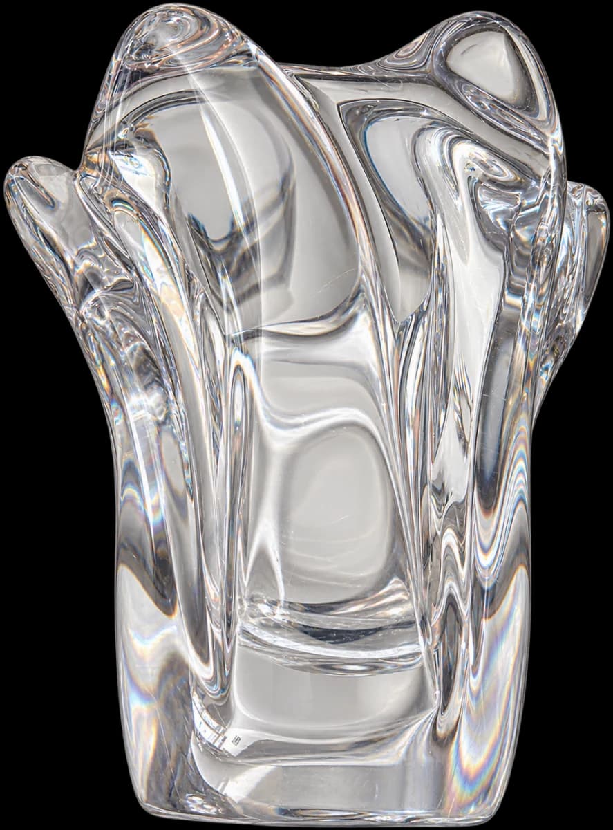 Clear-glass vase with thick curved walls and an undulating sculptural rim
