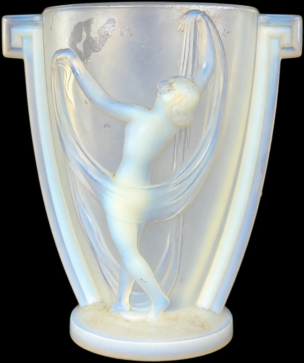Opalescent vase with two small handles and a female figure in relief with flowing drapery